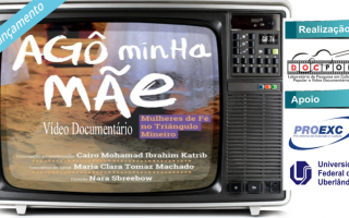 Televisor antigo mostra chamada para exibição de Vídeo Documentário "Agô Minha Mãe – Mulheres de Fé no Triângulo Mineiro"