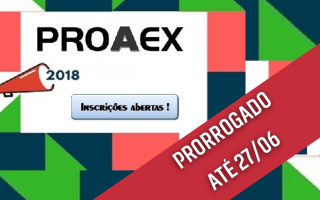 Logo do edital Proaex com Megafone "gritando" 2018, à esquerda mostra-se o aviso de prorrogação para o dia 27/06.